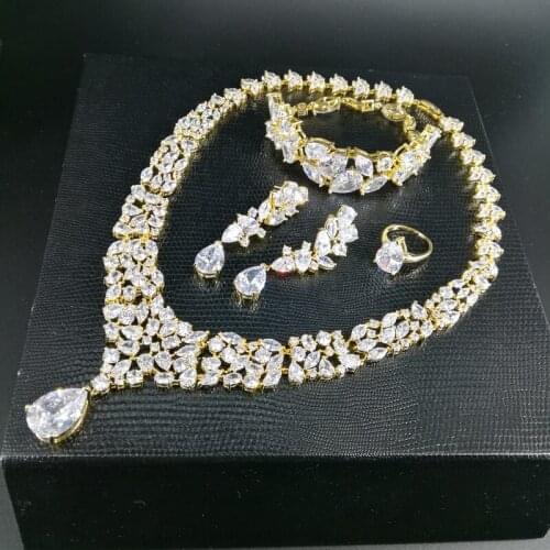 NEW FASHION Retro luxury crystal zircon golden necklace earring bracelet ring wedding bride banquet formal dress jewelry set