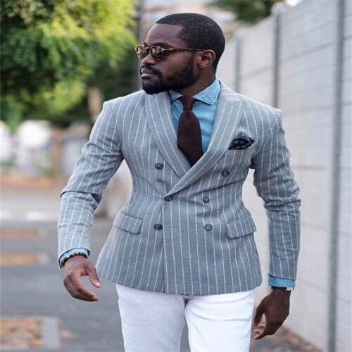 2-piece Handsome Light Grey Stripe Groom Suit Peaked Lapel Blazer Suits Tuxedos Custom Made Fit Slim Formal Business Men Suits