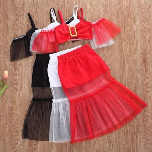 Summer Fashion Baby Girl Clothes Girl Off Shoulder Lace Sleeve T Shirts Tops+Ankle Length Skirts Kids Long Gauze Skirt Suit 1-6Y