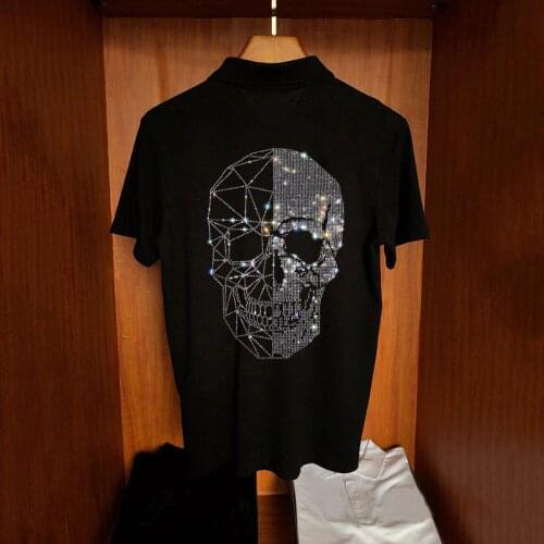 Mens Summer Rock Breathable Hip Hop Extra Large 5XL Soft Comfortable Polo Shirt Fashion Silver Skull Hot Rhinestone Short Sleev