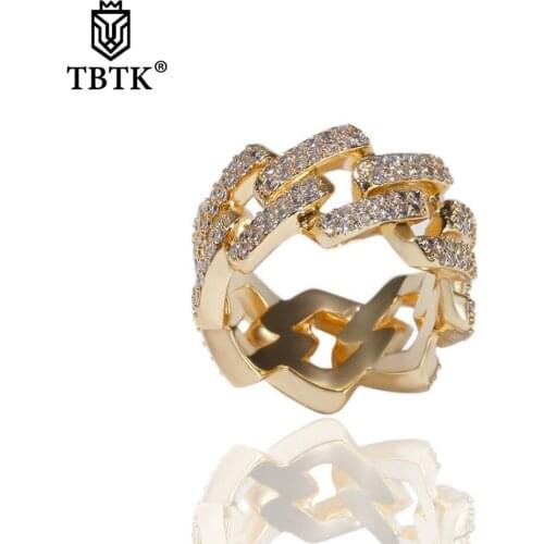 TBTK 2 Rows 14mm Width Fashion Gold Iced Out Ring CZ Geometric Square Cuban Link Rings Luxury Jewelry Charms Hiphop Men