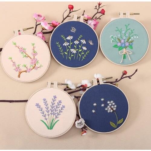 Beginner DIY Stamped Embroidery Starter Kit Colorful Flowers Plants Pattern Embroidery Cloth Threads Tools Kit Decor Artwork