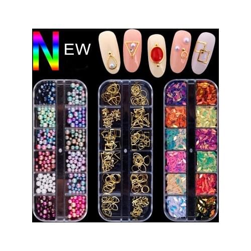 2018 NEW 12 Grids Mix Nail Rivets Bar AB Rhinestones Punk Nails Chain Mermaid Bead Caviar Copper Beads 3D Nail Art Decorations