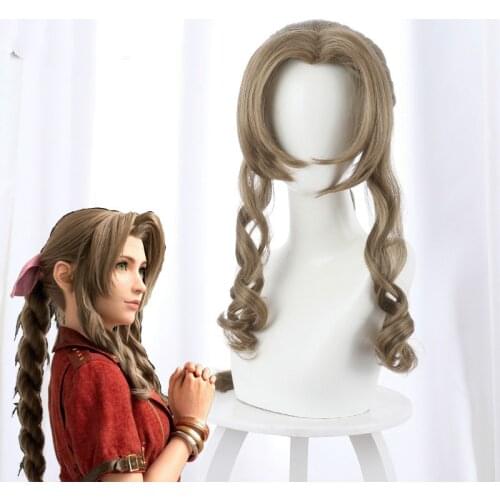 Final Fantasy VII Aerith Gainsborough Cosplay Wigs Brown Long Curly Cosplay Wig Heat Resistant Synthetic Hair Peruca + Wig Cap