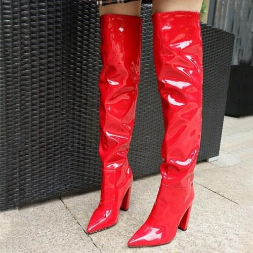 2020 winter patent PU leather pleated womens boots block high heels solid red black woman over-the-knee booties thigh high boots