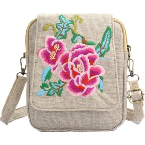 2021 Women Messenger Bag Boho Floral Embroidered Bag Canvas Mobile Phone Small Coins Purse Shoulder Bags Travel Beach Bolsa