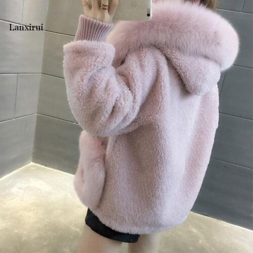 High Quality Winter Women Sheep Shearing Short Imitation lamb hair Furs Coat Loose Warm Faux fox fur collar Hooded Fur Outerwear