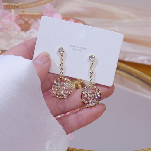 14k Real Gold Plated Fashion Jewelery Crystal Round Flower Exquisite Long Earrings for Woman Holiday Party Elegant Earring
