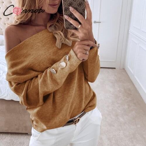 Conmoto Women Solid Color Sweater Fashion Off Shouler Loose Sweaters 2019 Autumn Winter Ladies Casual Button Pullovers
