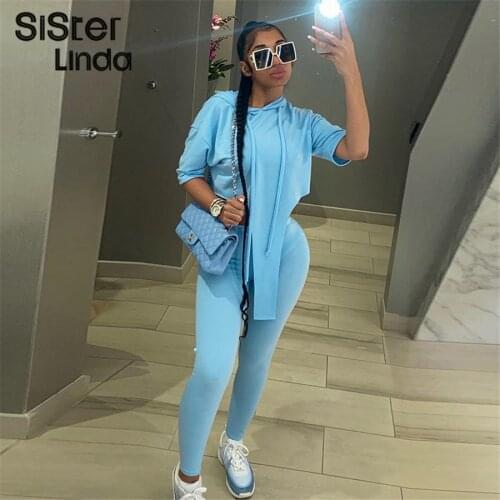 Sisterlinda Fashion Casual 2Piece Set Women Solid Blue Fitness Hoodie T-Shirt+Skinny Stretchy Pants Matching Outfits Streetwear