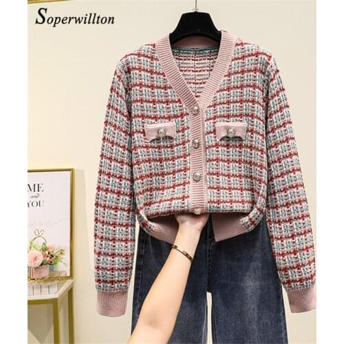Plaid Vintage Female cardigan Purple Pink Casual women jumper soft knit button cardigans for women 2020 autumn winter