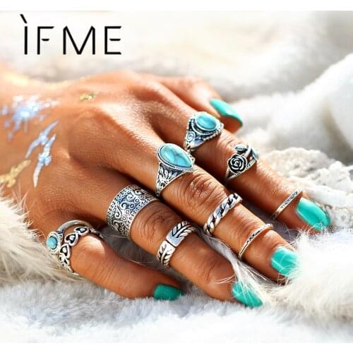 IF ME Bohemian Flower Ring Sets for Women Vintage Retro Silver Color Lotus Stone Blue Bead Crystal Rings Finger Jewelry New Gift