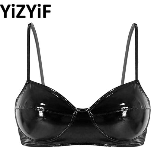 Womens Lingerie Fashion Wetlook Sexy Night Party Clubwear Faux Leather Reflective Wire-free No Pad Bra Top for Raves Performance