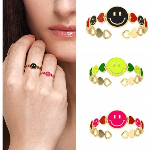 CANNER Hot Sell Smiling Face Womens Ring 925 Sterling Silver Red Green Black Open Rings For Girl Women Fashion Jewelry anillos
