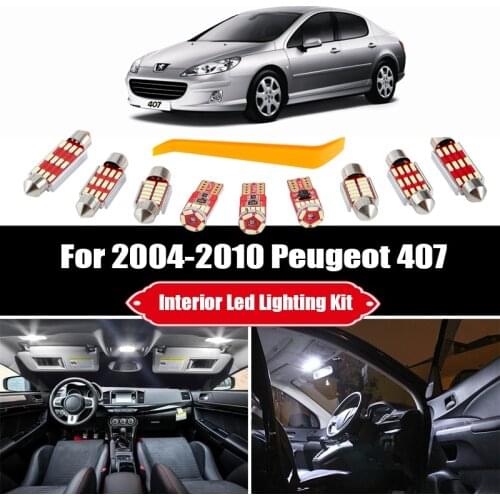 10 Bulbs White Interior LED For Peugeot 407 2004-2006 2007 2008 2009 2010 Cargo Trunk Footwell Lamp Car Map Dome Light Kit Fit