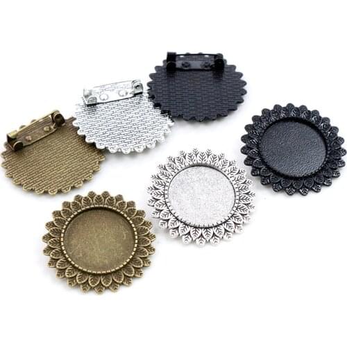 5pcs 20mm Inner Size Antique Silver Plated Bronze Black Brooch Pin Classic Style Cabochon Base Setting
