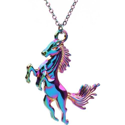 10pcs Rainbow Color Alloy Running horse Necklace free Stainless Steel Chain for Women Girl Xmas Party Jewelry gifts