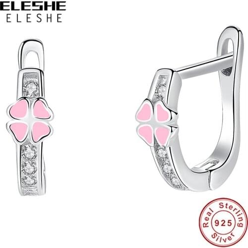 Pink Enamel Crystal Lucky Four Leaf Clover Children Hoop Earrings For Girls Kids 925 Sterling Silver Fashion Jewelry