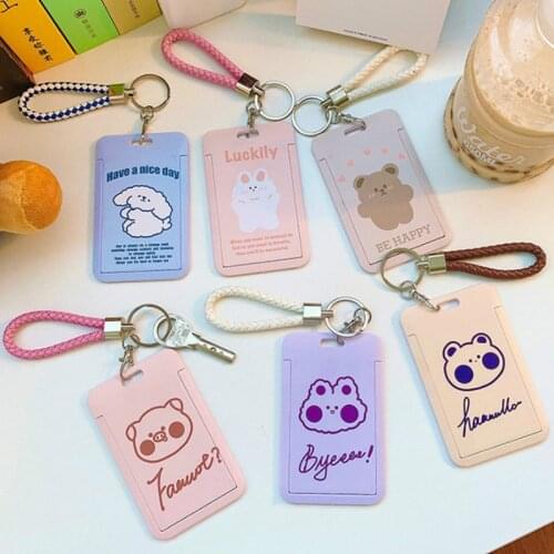 Lovely Original Women Card Holders with Handheld Keychain Korean Bear Rabbit Hard Shell Student ID Card Cover Pass Badge Holder