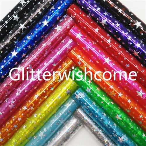 Glitterwishcome 21X29CM A4 Size Vinyl For Bows Printed Stars See Through PVC Faux Leather Sheets for Bows, GMGM472A