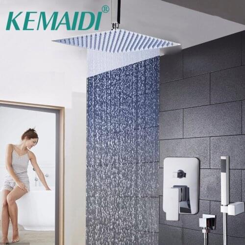 KEMAIDI Bathroom LED Ceiling Wall Mount Rainfall 8 10 12 16 Inch Shower Head Set With Control Valve Hand Sprayer Chrome Polished