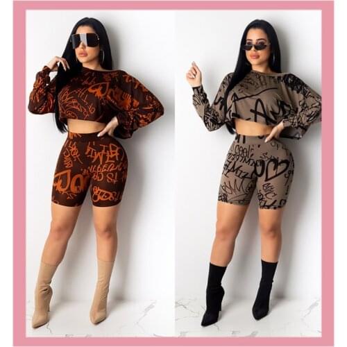Graffiti Aesthetic Letter Print Crop Top And Short Pants Sexy Tracksuit Short Biker Sportswear Two Piece Sets Plus Size Bodycon