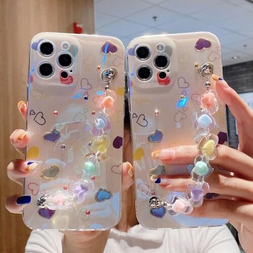 Korea Cute Diamond Love Heart Phone Case For iphone 11 XR XSMax X 7 8 Girl Wristband Bracelet Cover For Funda iphone 12 Pro Max
