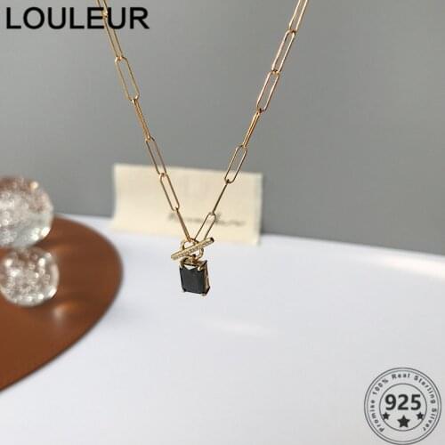 Louleur 925 Sterling Silver Necklace Square Black Zircon Pendant Necklace For Women Charm Jewelry Silver 925 Jewelry Link Chain