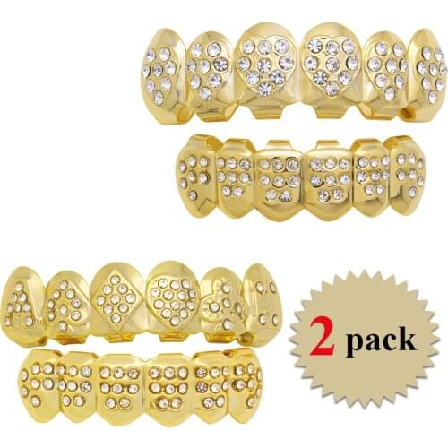 LuReen 2 Sets/pack Poker Heart Shape CZ Gold Grillz For Unisex Crystal Teeth Grills Caps Set Punk Bling Dental Tooth Jewelry
