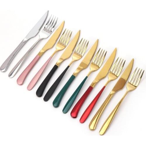 2pcs Stainless Steel Steak Knife And Fork Set Black Gold Kitchen Cutlery Dinner Knives Forks Silverware Flatware