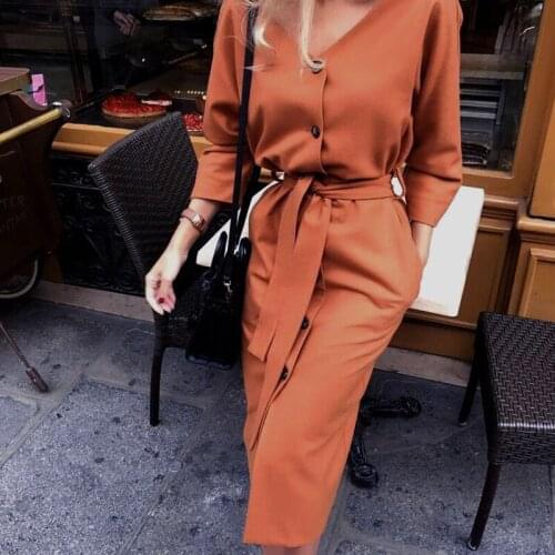 GOOHOJIO Sexy V Neck Long Sleeve Women Dress Ladies Sashes Button Casual Office Shirt Dress Fashion Women Midi Vintage Dresses