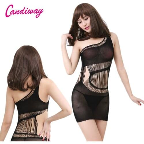 Sexy Erotic Lingerie Dresses Hollow out Lace Spaghetti Strap Body Apparel Mesh Hollow One Shoulder Bodycon tassel dress