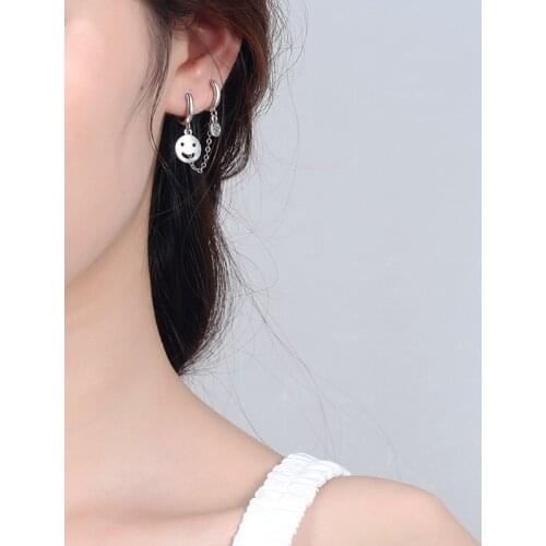 Womens Fashion Two Ear Hole Piercing Hoop Earrings Chain Tassel Smiling Face Zirconia Stone Shiny Bohemia Trendy Earring Gifts