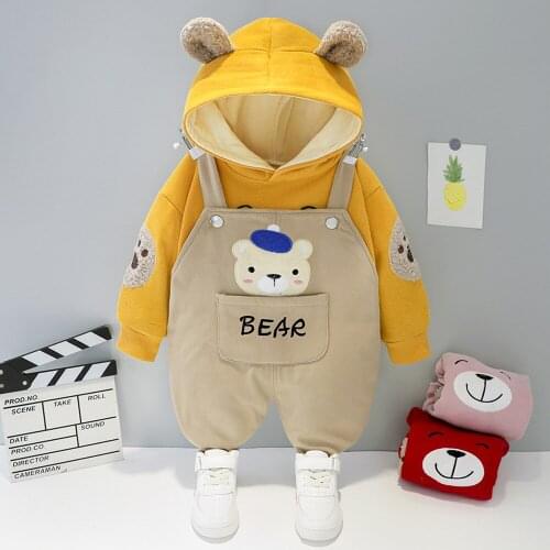Autumn and winter boys and girls plus velvet sports shirt with hooded bear embroidery suspenders trousers two-piece suit