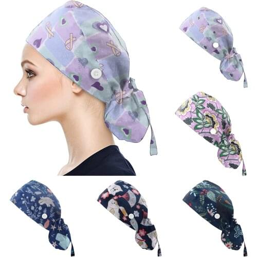 Buttons Scrubs Caps Nursing Work Scrubs Caps Spa Cap Pet Clinic Scrub Hats Cartoon Printing Pharmacist Hats With Buttons #YJ