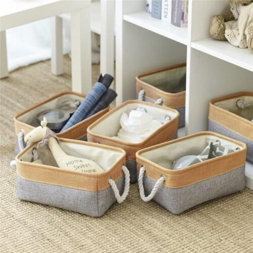 Foldable Storage Baskets Flax Dirty Clothes Storage Baskets Solid Color Desktop Cosmetic Organize Box Rope Handle Organize Box