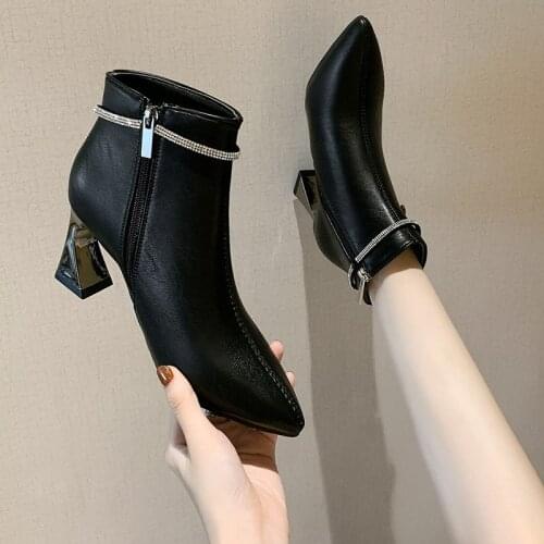 Rhinestone Chain Decorative Womens Boots Zlah Womens Fashion Boots Womens Pointed Toe Stilettos Pure Color Casual Short Boots