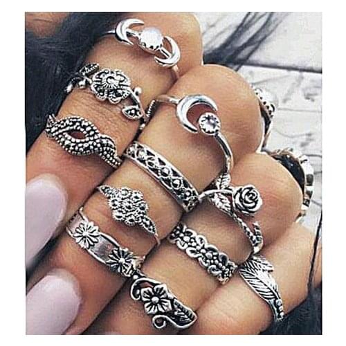 11pcs/Set Vintage Punk Ring Set Hollow Flower Midi Finger Rings for Women Bohemia Carving Leaf Sliver Gold Rings