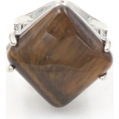 YJXP Silver Plated Rhombus Shape Adjustable Finger Natural Tiger Eye Stone Ring Engagement Jewelry