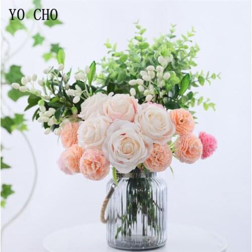 YO CHO Artificial Flower Wedding Small Bouquet 5 Heads Silk Peony Rose Girl DIY Flower Arrangement Home Party Wedding Decoration