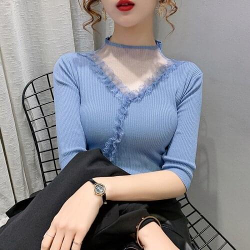 Ice Silk Spring and Summer New Short Sleeve Half High Collar Pullover Lace Hollow Stitching Half Sleeve Knitted Bottoming Shirt