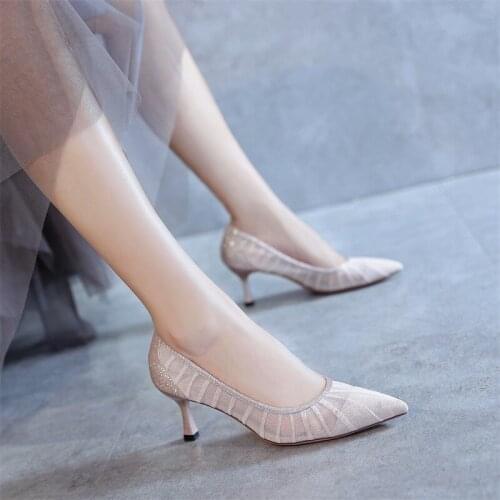 Women pumps Mesh Slip On 2CM 6CM Thin Heels High heels Pointed Toe Shallow shoes for women women shoes 2020 size 35-42