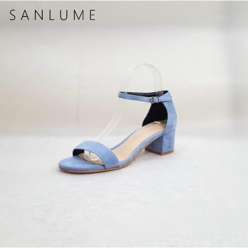 SANLUME New Summer Kid Suede High Heels Sandals Women Pumps Jelly Shoes Woman Leather Sandals Ankle Strap Thick Heels Peep Toe
