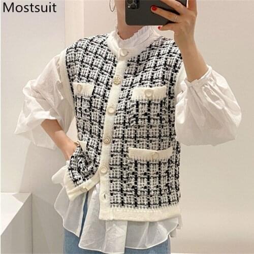 2020 Autumn Korean Vintage Elegant Tweed Women Vest Single-breasted Color-blocked Pockets Buttons Fashion Ladies Vest Femme