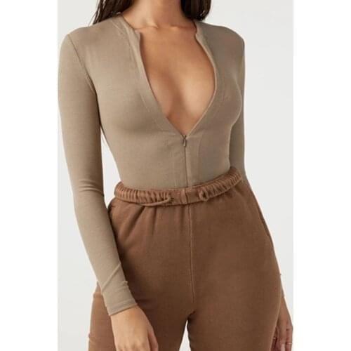 Solid Zipper Bodycon Bodysuits Women Sexy Autumn Long Sleeve Fashion Slim Basic Body Black Gray Winter Outfits Top Lady G1902