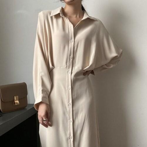 2021 New Spring Autumn Womens Long Shirt Dress Chic Lace Up High Waist Solid Batwing Sleeve Casual Loose Shirt Dresses Lady