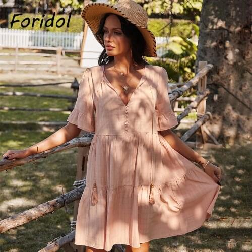 Foridol V Neck Casual Loose Summer Dress Women Tassel Boho Button Short Dress Cotton Beach Pink Dress 2021