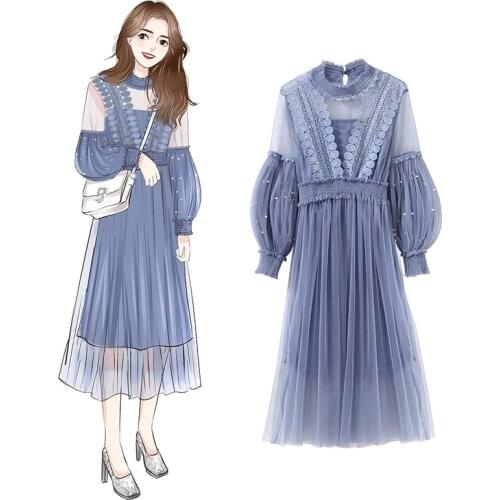 Autumn New Lace Mesh Dresses 2021 Fashion Long Lantern Sleeve 3D Flower Gauze Beading Elastic Waist Casual Floral Dress