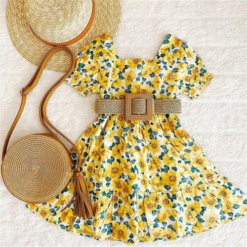 Hot Sales Children Girls Dress Summer Kids Baby Clothes Short Puff Sleeve Square Collar Floral A-line Dresses with Waistband