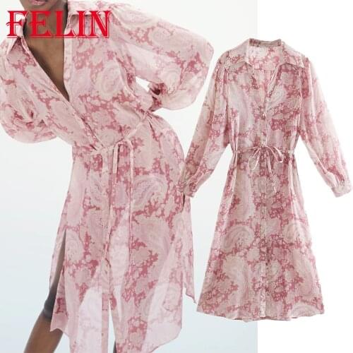 Za Vintage Chiffon Women Flower Print Dress Long Sleeve Transparent Sexy Sashes Midi Dresses Female Chic Elegant Vestidos